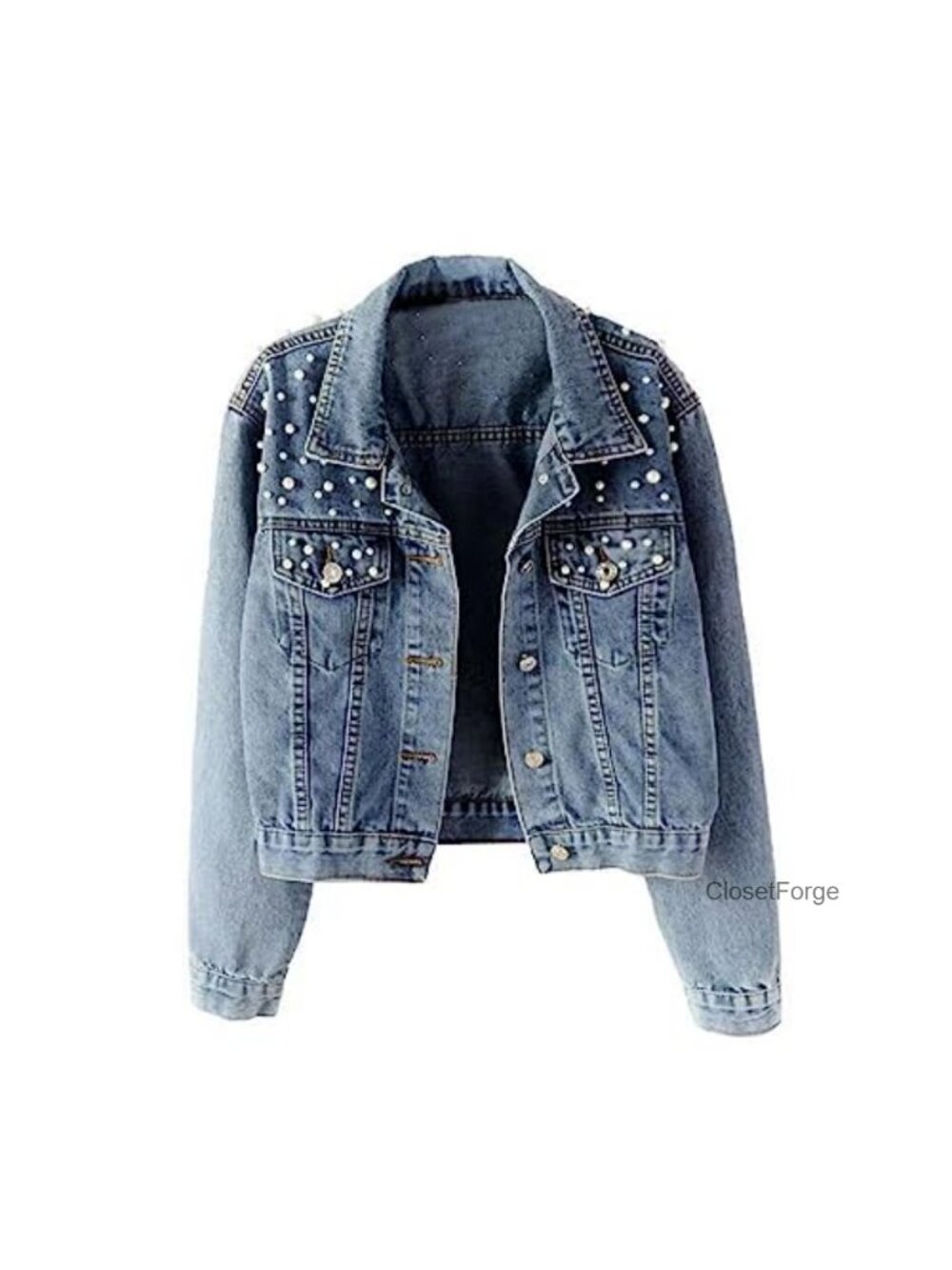Oversize Pearl Embroidered Ripped Distressed Long Sleeve Denim Jacket Coat